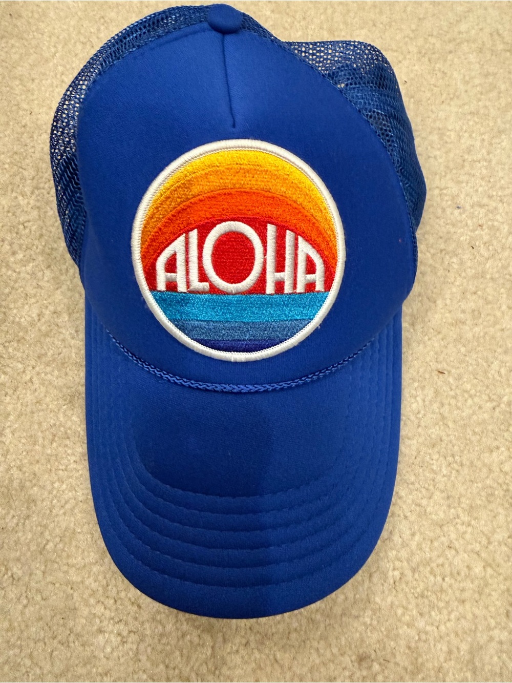 Vintage Style ALOHA Blue Mesh Trucker Hat Retro Rainbow Patch Snapback